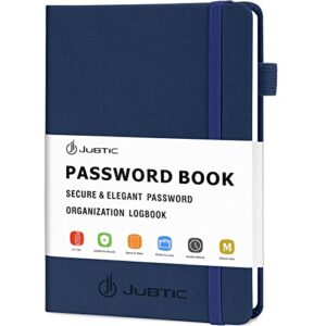 jubtic password book with alphabetical tabs. medium size password keeper logbook for internet website address log in detail. hardcover password notebook & organizer for home office, navy blue