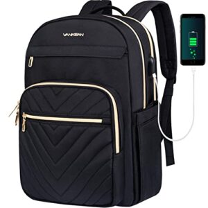 vankean 15.6 inch laptop backpack for women men work laptop bag fashion with usb port, waterproof backpacks teacher nurse stylish travel bags casual daypacks for school, college, business, black