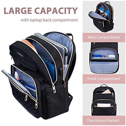 VANKEAN 15.6 Inch Laptop Backpack for Women Men Work Laptop Bag Fashion with USB Port, Waterproof Backpacks Teacher Nurse Stylish Travel Bags Casual Daypacks for School, College, Business, Black