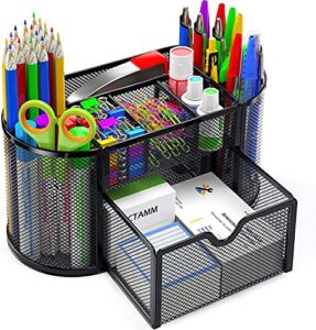 desk organizer mesh desktop office supplies multi-functional caddy pen holder stationery with 8 compartments and 1 drawer for office, home, school, classroom by pipishell