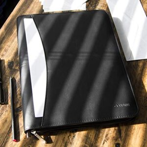 COSSINI Black Superior Vegan Leather Business Portfolio with Zipper – Padfolio All-in-One - Smartest Protective 10.1 Inch Tablet Sleeve, Presentation Slot, Solar Calculator, Card Storage, Writing Pad