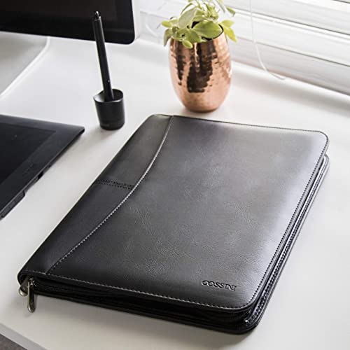 COSSINI Black Superior Vegan Leather Business Portfolio with Zipper – Padfolio All-in-One - Smartest Protective 10.1 Inch Tablet Sleeve, Presentation Slot, Solar Calculator, Card Storage, Writing Pad