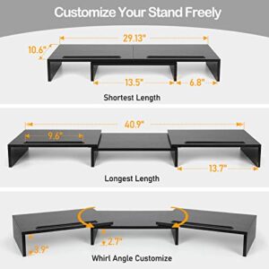 AMERIERGO Dual Monitor Stand -Adjustable Length and Angle, Dual Monitor Riser, Computer Monitor Stand w/2 Slot, Desktop Organizer, Monitor Stand Riser for PC, Computer, Laptop (Black)