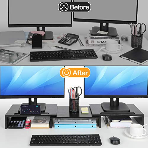 AMERIERGO Dual Monitor Stand -Adjustable Length and Angle, Dual Monitor Riser, Computer Monitor Stand w/2 Slot, Desktop Organizer, Monitor Stand Riser for PC, Computer, Laptop (Black)
