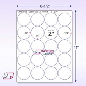 Laser / Ink Jet White Labels (2" Round for Printing with NO BLEED - 20 Per Page | 500 Labels)