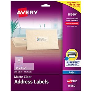 AVERY Matte Frosted Clear Address Labels for Inkjet Printers, 1" x 2-5/8", 300 Labels (18660)