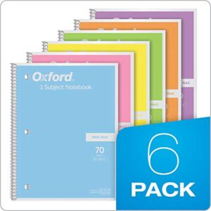 Oxford Spiral Notebook 6 Pack, 1 Subject, Wide Ruled Paper, 8 x 10-1/2 Inch, Pastel Pink, Orange, Yellow, Green, Blue and Purple, 70 Sheets (63757)