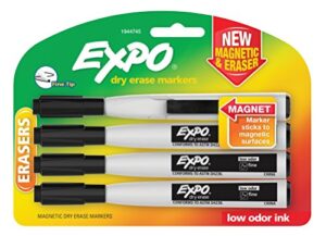 expo magnetic dry erase markers with eraser, fine tip, black, 4 count