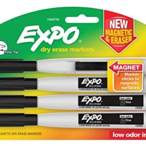 Expo Magnetic Dry Erase Markers with Eraser, Fine Tip, Black, 4 Count