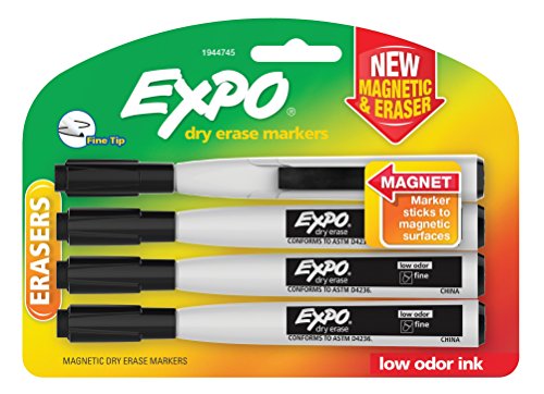 Expo Magnetic Dry Erase Markers with Eraser, Fine Tip, Black, 4 Count