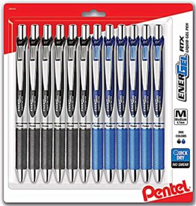 pentel energel 0.7 mm rtx retractable liquid gel pen, bulk combo pack of 6 black ink & 6 blue ink metal (total of 12 deluxe pens in box) medium line, metal tip pens