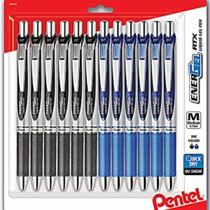 Pentel EnerGel 0.7 mm RTX Retractable Liquid Gel Pen, Bulk Combo Pack of 6 BLACK INK & 6 BLUE INK metal (Total of 12 Deluxe Pens in box) Medium Line, Metal Tip pens