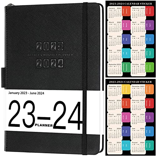 2023 Planner - 18-Months Weekly Monthly Planner 2023, January 2023 - June 2024, 5.75" x 8.25", Saffiano Leather with Thick Paper, Back Pocket with 32 Notes Pages - Black