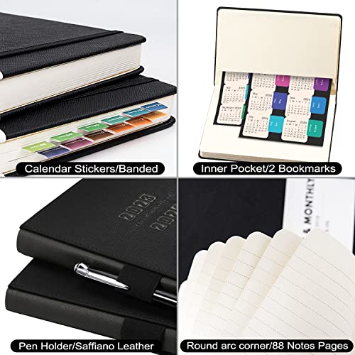 2023 Planner - 18-Months Weekly Monthly Planner 2023, January 2023 - June 2024, 5.75" x 8.25", Saffiano Leather with Thick Paper, Back Pocket with 32 Notes Pages - Black