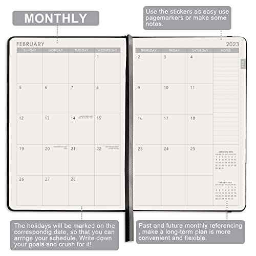 2023 Planner - 18-Months Weekly Monthly Planner 2023, January 2023 - June 2024, 5.75" x 8.25", Saffiano Leather with Thick Paper, Back Pocket with 32 Notes Pages - Black