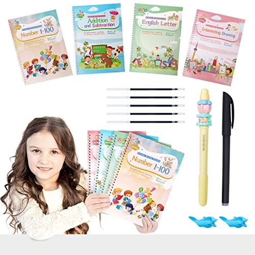 Magic Ink Copybooks for Kids Reusable Handwriting Workbooks for Preschools Grooves Template Design and Handwriting Aid Magic Practice Copybook for Kids The Print Writing (ENLARGED-Version 4books+Pens)