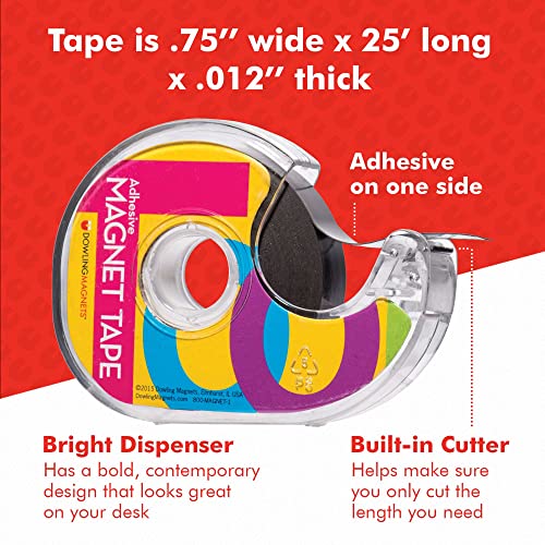 Adhesive Magnet Tape (1 roll - .75 inch wide x 25 feet long) in dispenser, extra thin, black/dark gray