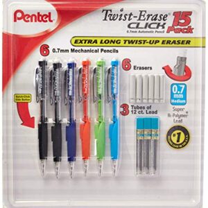 Pentel Twist-Erase Click Mechanical Pencil Set - 6 Mechanical Pencils, 6 Extra Erasers, 3 Tubes of Lead Refills