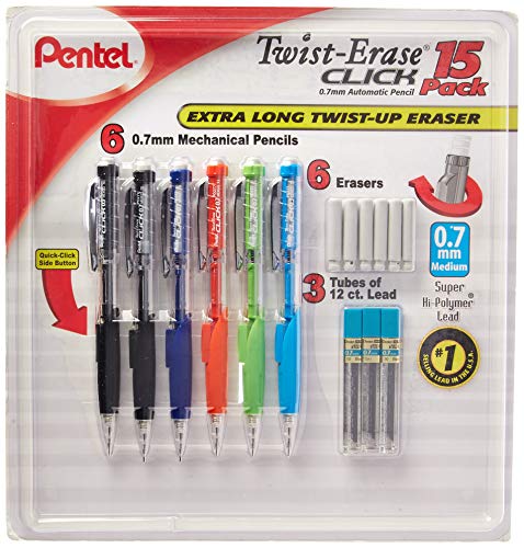 Pentel Twist-Erase Click Mechanical Pencil Set - 6 Mechanical Pencils, 6 Extra Erasers, 3 Tubes of Lead Refills