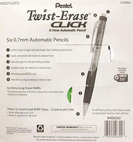 Pentel Twist-Erase Click Mechanical Pencil Set - 6 Mechanical Pencils, 6 Extra Erasers, 3 Tubes of Lead Refills