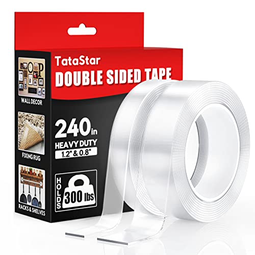 2 Rolls Total 20FT Double Sided Tape Heavy Duty (0.8" & 1.2" Width) Removable & Reusable Multipurpose Transparent Wall Mounting Tape, Strong Adhesive Tape for Home Decoration Office Outdoor, 240 Inch