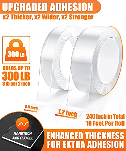 2 Rolls Total 20FT Double Sided Tape Heavy Duty (0.8" & 1.2" Width) Removable & Reusable Multipurpose Transparent Wall Mounting Tape, Strong Adhesive Tape for Home Decoration Office Outdoor, 240 Inch