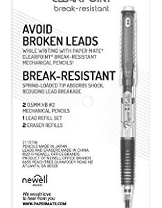 Paper Mate Clearpoint Break-Resistant Mechanical Pencils, HB #2 Lead (0.5mm), 2 Pencils (Black), 1 Lead Refill Set, 2 Erasers