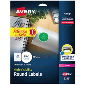 avery high visibility printable round labels with sure feed, 1-2/3″ diameter, white, 600 customizable blank labels (5293)