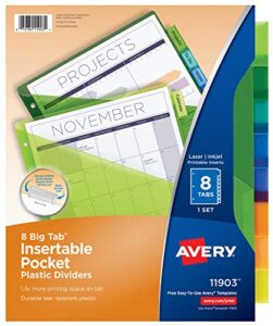 avery dividers for 3 ring binders, 8-tab binder dividers, plastic binder dividers with pockets, insertable big tabs, multicolor, 1 set (11903)