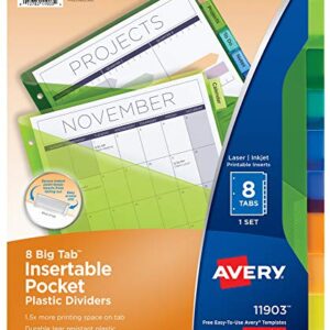 Avery Dividers for 3 Ring Binders, 8-Tab Binder Dividers, Plastic Binder Dividers with Pockets, Insertable Big Tabs, Multicolor, 1 Set (11903)