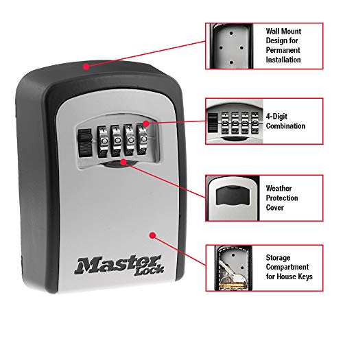 Master Lock Wall Mount Key Lock Box, Outdoor Wall Mounted Lock Box for House Keys, Key Safe with Combination Lock, 5 Key Capacity, 5401EC