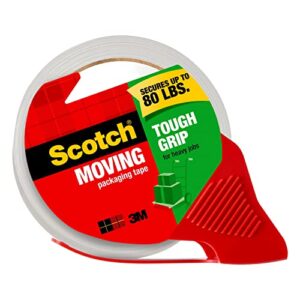 scotch tough grip moving packaging tape, 1.88″ x 54.6 yd, strong hold on all box types including recycled, secures boxes up to 80 lbs, 1.88″ x 54.6 yd, 3″ core, clear, 1 dispensered roll (3500-rd)