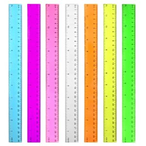 color transparent ruler plastic rulers – ruler 12 inch, kids ruler for school, ruler with centimeters, millimeter and inches, assorted colors, clear rulers, 7 pack school rulers
