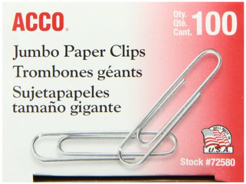 ACCO Paper Clips, Jumbo, Smooth, Economy, 10 Boxes, 100/Box (72580),Silver