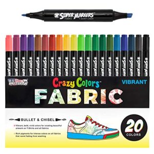 super markers 20 unique colors dual tip fabric & t-shirt marker set-double-ended fabric markers with chisel point and fine point tips – 20 permanent ink vibrant and bold colors