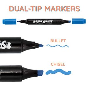 Super Markers 20 Unique Colors Dual Tip Fabric & T-Shirt Marker Set-Double-Ended Fabric Markers with Chisel Point and Fine Point Tips - 20 Permanent Ink Vibrant and Bold Colors