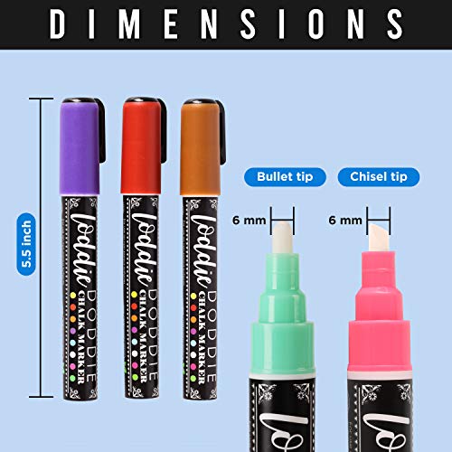 Loddie Doddie Liquid Chalk Markers | Dust Free Chalk Pens - Perfect for Chalkboards, Blackboards, Windows and Glass | 6mm Reversible Bullet & Chisel Tip Erasable Ink (Pack of 24)
