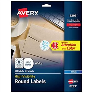 avery matte white round labels, sure feed technology, permanent adhesive, 1-1/2″, 400 labels (8293)