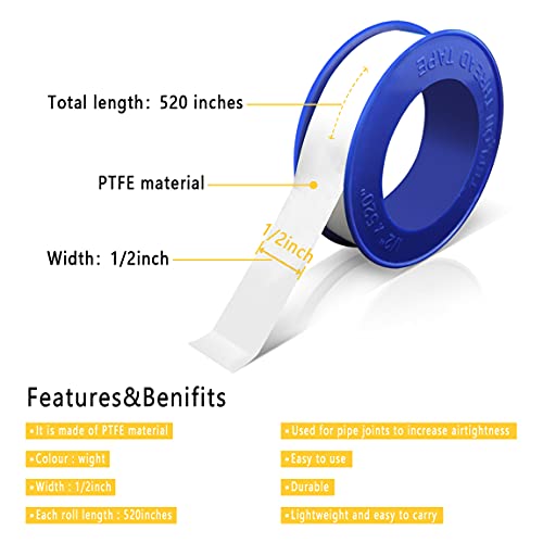8 Rolls 1/2 Inch(W) X 520 Inches(L) Teflon Tape,for Plumbers Tape,PTFE Tape,Sealing Tape,Plumbing Tape,Sealant Tape,Thread Seal Tape,Plumber Tape for Shower Head,Water Pipe Sealing Tape,White