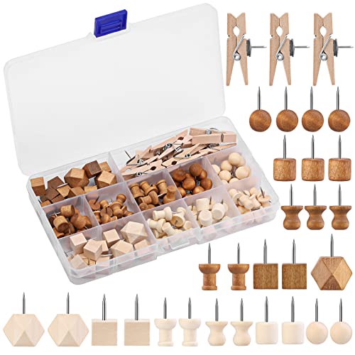 114 Pcs Wood Push Pins, 2 Colors and 7 Types Decorative Thumb Tacks Wooden Head Pin Wood Map Tacks Marking Pin, Wood Thumb Tacks Decorative for Bulletin Boards Craft Projects with Storage Box