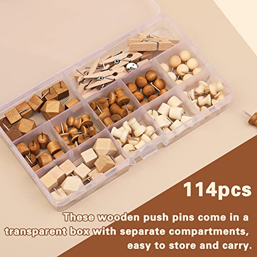 114 Pcs Wood Push Pins, 2 Colors and 7 Types Decorative Thumb Tacks Wooden Head Pin Wood Map Tacks Marking Pin, Wood Thumb Tacks Decorative for Bulletin Boards Craft Projects with Storage Box