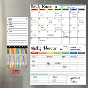 hivillexun magnetic dry erase calendar whiteboard set (3-pack) for refrigerator, wall, and fridge organization with monthly, weekly, and daily notepads. comes with 8 markers and 1 eraser