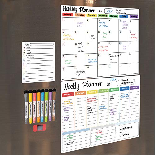 Hivillexun Magnetic Dry Erase Calendar Whiteboard Set (3-Pack) for Refrigerator, Wall, and Fridge Organization with Monthly, Weekly, and Daily Notepads. Comes with 8 Markers and 1 Eraser