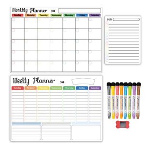 Hivillexun Magnetic Dry Erase Calendar Whiteboard Set (3-Pack) for Refrigerator, Wall, and Fridge Organization with Monthly, Weekly, and Daily Notepads. Comes with 8 Markers and 1 Eraser