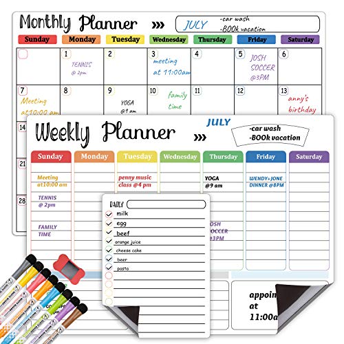 Hivillexun Magnetic Dry Erase Calendar Whiteboard Set (3-Pack) for Refrigerator, Wall, and Fridge Organization with Monthly, Weekly, and Daily Notepads. Comes with 8 Markers and 1 Eraser