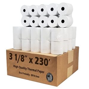 thermal paper rolls 3 1/8 x 230 – american made: [50/pack] bpa free 48 gsm solid tube core cc receipt paper for pos terminals cash registers clover stations scp700 tsp100 tsp300 tsp400 tsp500 tsp600