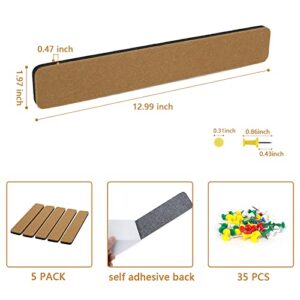 5 Pack Felt Pin Board Bar Strips Bulletin Board for Bedrooms Offices Home Wall Decoration, Notice Board Self Adhesive Cork Board with 35 Push Pins for Paste Notes, Photos, Schedules (Brown)