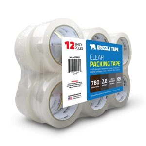 Grizzly Power Clear Packing Tape Refill Rolls for Shipping, Moving, Packaging - True 2 Inch x 65 Yards, 2.8mil Thick, 12 Rolls