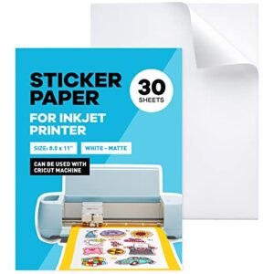 (30 sheets) printable vinyl sticker paper for inkjet printer waterproof – white, matte, 8.5 x 11 inkjet sticker paper, cricut sticker paper printable , waterproof sticker paper / paper plan