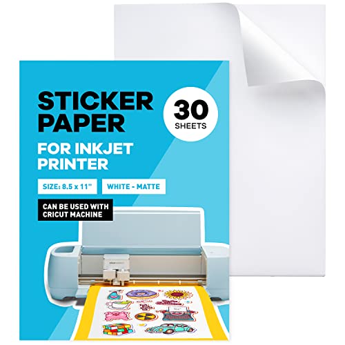 (30 Sheets) Printable Vinyl Sticker Paper for Inkjet Printer Waterproof - White, Matte, 8.5 x 11 Inkjet Sticker Paper, Cricut Sticker Paper Printable , Waterproof Sticker Paper / Paper Plan